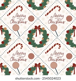 Simple Christmas vector seamless pattern. Merry Christmas wishes and wreath illustration. Pattern in background. Vector illustration