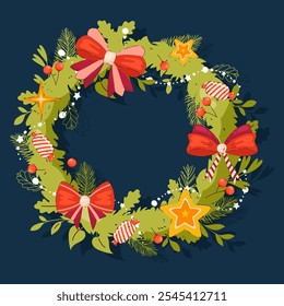 Simple Christmas Wreath with colorful decorations: leaves, stars, winter berries, bows, ribbons. Holiday traditional decoration for doors. Perfect as a gift, card, invitation