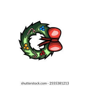 A simple Christmas wreath decorated with a red ribbon and colorful baubles.