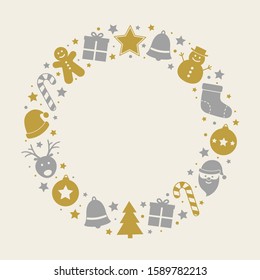 Simple Christmas wreath with decorations on background with copyspace. Vector