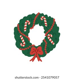 Simple Christmas wreath. Christmas holiday decoration with red bow. Cute traditional winter decor. Color vector illustration on a white background.