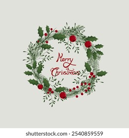 A simple Christmas wreath made of green pine branches, decorated with small red berries and a few holly leaves. The design is minimalistic and elegant, perfect for holiday-themed art and easy to repli