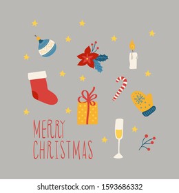 Simple Christmass set of stickers. Socks, mitten and candle