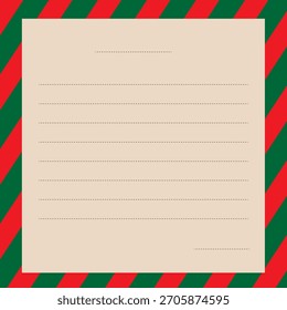 Un sencillo papel de líneas con temas navideños con un borde rayado en diagonal verde y naranja, que proporciona un espacio de escritura limpio y festivo perfecto para notas, mensajes o cartas navideñas.