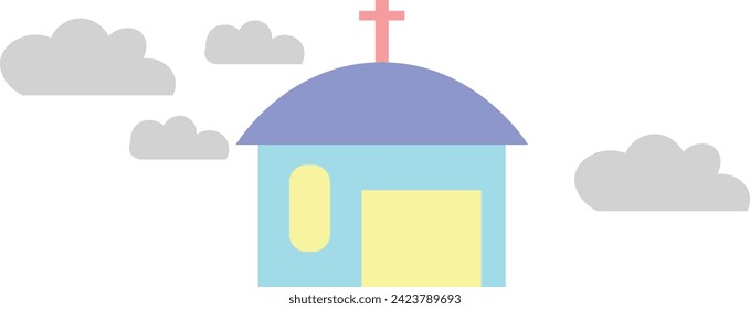 simple chruch illustration blue chruch with round roof with grey cloudy sky and christian symbol