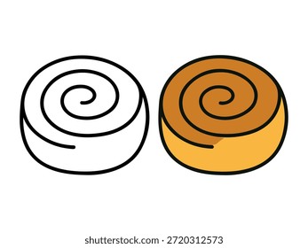 Simple cinnamon roll illustration with a colored version and an outline version, cute and minimal style suitable for icons, stickers, food graphics, kids content, and coloring pages.