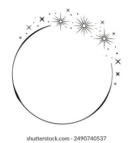 A simple circle frame with a black outline and scattered starbursts in the top right corner.
