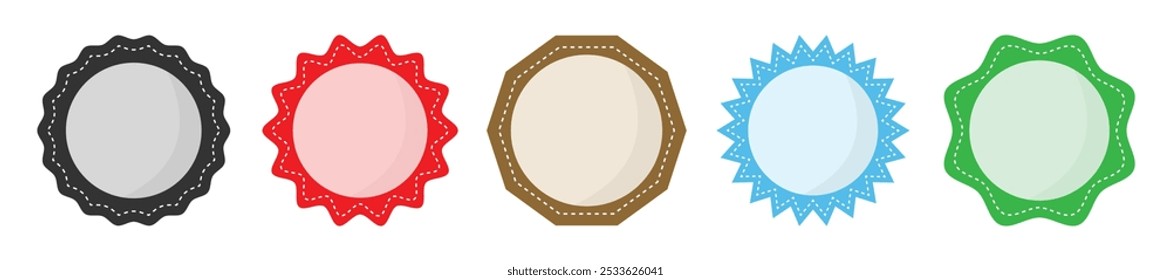 Ícone de vetor de quadro de círculo simples definido em cor diferente. Coleção de carimbos circulares vazios. Círculo em ziguezague arredondado costurado definido em cores. Modelo de círculo para ícones de logotipo, adesivos e sinais de negócios.