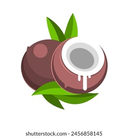 Simple circle logo Coconut oil with round half cut nut shells icon and green palm leaves symbol natural organic coconut milk in package pictogram sign..