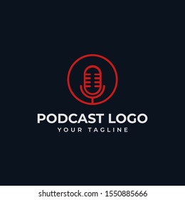 Simple Circle Microphone Podcast Radio Line Logo Design Template