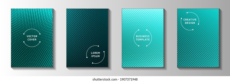 Simple circle perforated halftone cover page templates vector kit. Urban booklet faded halftone backdrops. Retro comics style front page leaflets. Rectangle folders.