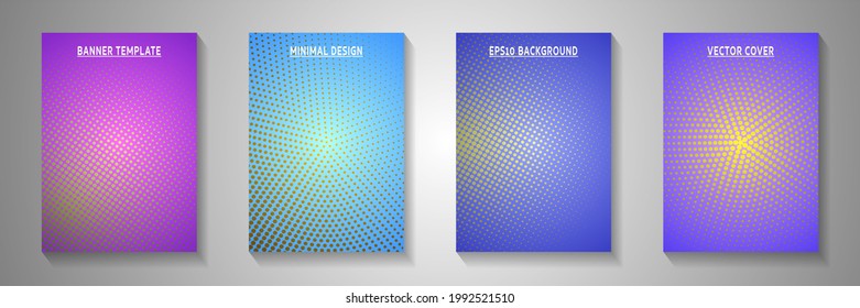 Simple circle perforated halftone front page templates vector kit. Scientific booklet faded halftone backgrounds. Vintage comics style title page leaflets. Rectangle folders.