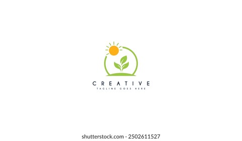 Simple Circle Round Leaf Leaves with Sun Light Nature Natural Plant Grow Logo Design Branding Template.
