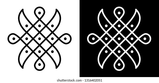 Simple circles, Squares and 5X5 dots - Indian traditional and Cultural Rangoli, Alpona, Kolam or Paisley vector line art with dark and white background