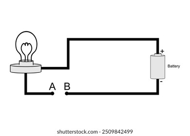 Simple circuit diagram with a battery and a light bulb. The circuit is open at points A and B.