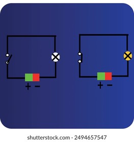 Simple circuit diagram icon. Circuit diagram with switch on and off with light bulb., vector illustration on blue background.