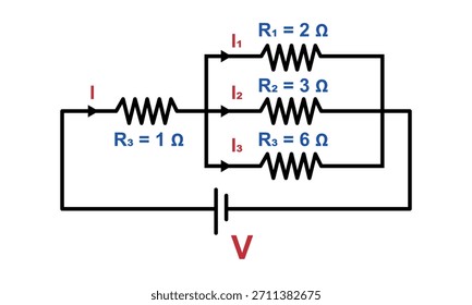 Um circuito simples mostra uma bateria alimentando um resistor de série a uma ramificação paralela com três resistores. Demonstra divisão atual, valores de resistência e conceitos eletrônicos básicos.