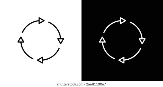 Simple circular arrows icon showing continuous rotation, presented on both white and black backgrounds.