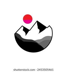 simple circular black and white logo vector art, mountain elements, shining sun, suitable for logos, t-shirt screen printing, backgrounds, advertising, labels, templets.