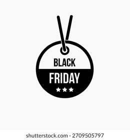 Simple, circular black and white price tag icon with "BLACK FRIDAY" text separated by a horizontal line, and three small stars at the bottom.