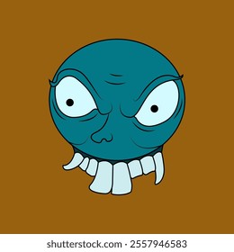 A simple, circular cartoon face in shades of blue and white. The character has a menacing expression with large, sharp teeth.