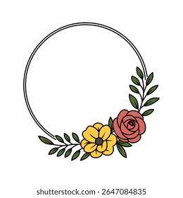 Um quadro simples e circular adornado com flores estilizadas amarelas e vermelhas e folhas verdes, colocado contra um fundo branco.