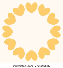 Simple circular frame made of bold yellow heart shapes arranged in a clean, modern ring. Minimal and playful design perfect for Valentines Day, love themed graphics, cards, stickers, and invitations