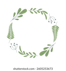 Simple circular frame, wreath with green leaves. Vector illustration for poster, postcard, birthday invitation.