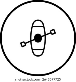 Simple circular icon featuring a kayak and paddle representing outdoor recreation