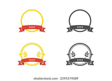 Simple Circular Shape Badge Logo with Ribbon, Star, and Leaves in Color and Silhouette Styles. Perfect for Award or Medal Concept Frame Design - Isolated on White Background, Vector Illustration