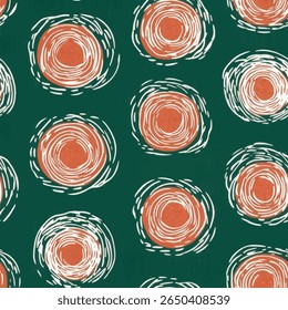 Simple circular shapes in white and orange on a dark green background, Woodblock print seamless pattern, seamless repeating vector, design for textile print. Vector illustration.