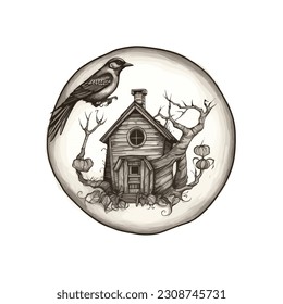 Simple circular tattoo drawing of a bird on a branch and a birdhouse