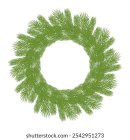 Corona circular simple hecha de ramas de pino verde, aislado sobre un fondo blanco. Navidades tradicionales y decoración del Año Nuevo.