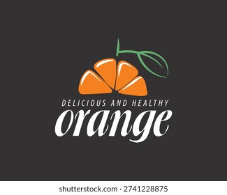 Simple citrus emblem. Contemporary cafe logo featuring orange segment. Cleanlined badge depicting orange with stem and leaf for juice bar