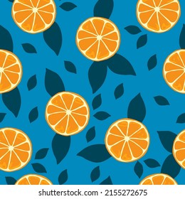 Simple citrus pattern. juicy oranges with leaves. Turquoise background. Fashionable print for textiles, wallpaper and packaging.