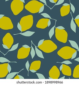 Simple citrus pattern . Ripe lemons Dark blue background. Fashionable print for wallpaper and textiles.