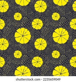 Simple citrus pattern . Ripe lemons Dark blue background. Fashionable print for wallpaper and textiles.