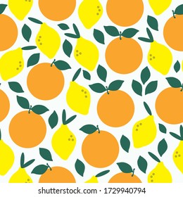 Simple citrus pattern. White background, bright ripe lemons and oranges, leaves. The print is well suited for textiles, Wallpaper and packaging.