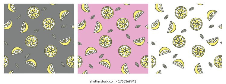 Simple citrus seamless vector pattern. Yellow hand drawn lemons isolated on pink, gray and white backgrounds.
