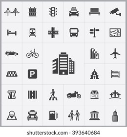 Simple city icons set. Universal city icons to use for web and mobile UI, set of basic city elements 