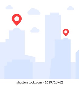 simple city landscape with geotags. cartoon minimal style trend modern graphic art illustration design element. concept of we have moved and find right place or address in the town