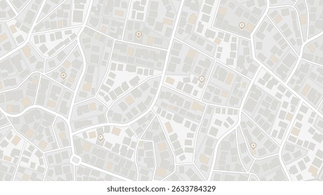 Sencillo Plan de ciudad con alfileres y edificios. Mapa de la ciudad Abstractas Calles urbanas y redes de carreteras. Planificación de rutas de viaje y conceptos de navegación de mapas. Ilustración vectorial plana