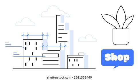 Simple cityscape with buildings, blue grid lines, floating clouds and a potted plant icon. Blue shop sign. Ideal for online shopping, gardening, city life, technology, and landscape. Minimalist