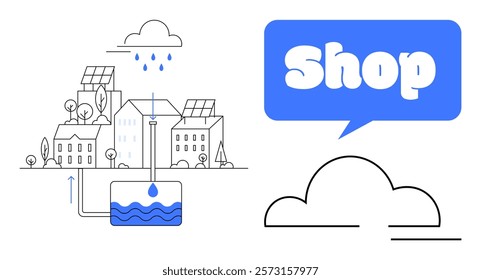 Simple cityscape with solar panels and rainwater harvesting tank. Large speech bubble shows the word Shop. Ideal for sustainable living, environmental awareness, renewable energy, water conservation