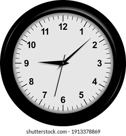 Sencillo reloj clásico de pared redondeado en blanco y negro aislado sobre fondo blanco.