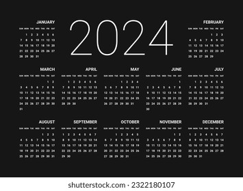 A simple classic calendar for 2024 with white letters on a black background. The week starts from Sunday. Planner, stationery, office, printing. Vector illustration