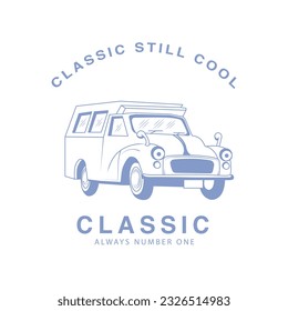 Simple Classic Car Vector Logo Art in Blue Color: The Legend Est 1979 suitable to icon, logo, sign for store, business, reparation, community, club. poster, clothes, merchandises and other design need