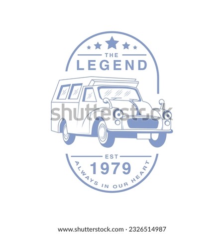 Simple Classic Car Vector Logo Art in Blue Color: The Legend Est 1979 suitable to icon, logo, sign for store, business, reparation, community, club. poster, clothes, merchandises and other design need