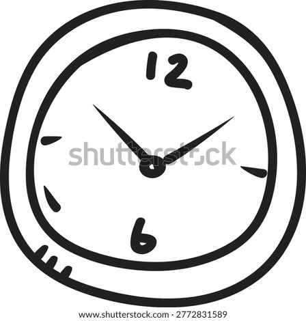 A simple, classic hand-drawn doodle of an analog clock face with hour and minute hands. Represents time, hours, and timekeeping.