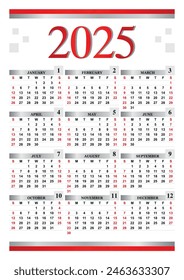 Simple classic red and grey new year 2025 english calendar template, plan and organize, vector illustration 